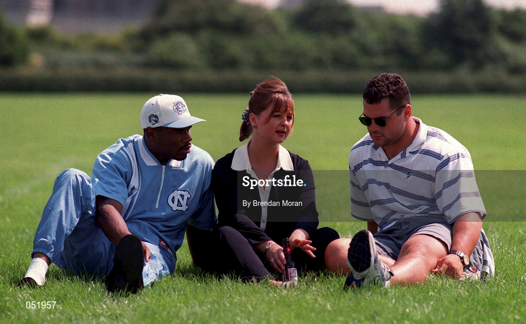 22 July 1997; The Sheer size of the Budweiser American Bowl literally came home today as the Pittsburgh Steelers and the Chicago Bears touched-down in Dublin and headed for UCD and their first training session before the clash of the titans this Sunday, 27th July at Croke Park. Pictured is Brand Manager of Budweiser Grainne Harkin, centre, with with Curtis Conway, left, and Jim Flanagan of the Chicago Bears. Photo by Brendan Moran/Sportsfile