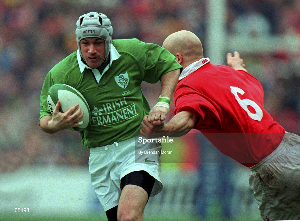 1 April 2000; Andy Ward of Ireland is tackled by Nathan Budgett of Wales during the Lloyds TSB 6 Nations match between Ireland and Wales at Lansdowne Road in Dublin. Photo by Brendan Moran/Sportsfile