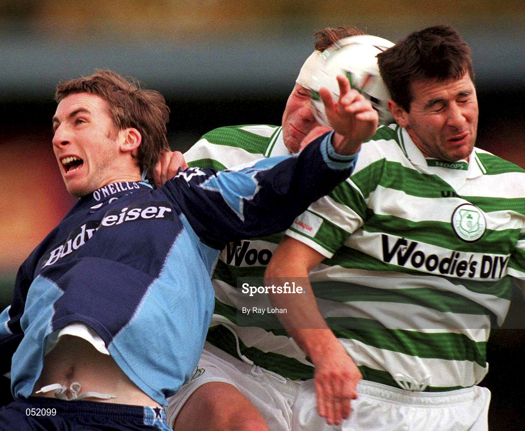 22 October 2000; Gareth Cronin and Brian Byrne of Shamrock Rovevrs in action against Eoin Bennis of UCD during the Eircom League Premier Division match between UCD and Shamrock Rovers at Belfield Park in Dublin. Photo by Ray Lohan/Sportsfile