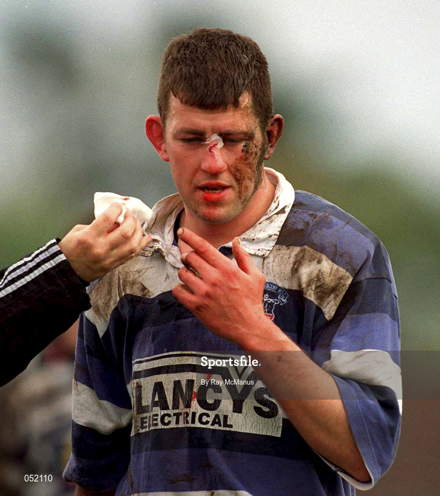 29 April 2000; Brian Toland of Old Cresent gets a helping hand after receiving an injury during the AIB All-Ireland League Division 2 match between Blackrock College and Old Crescent at Stradbrook Road in Dublin. Photo by Ray McManus/Sportsfile