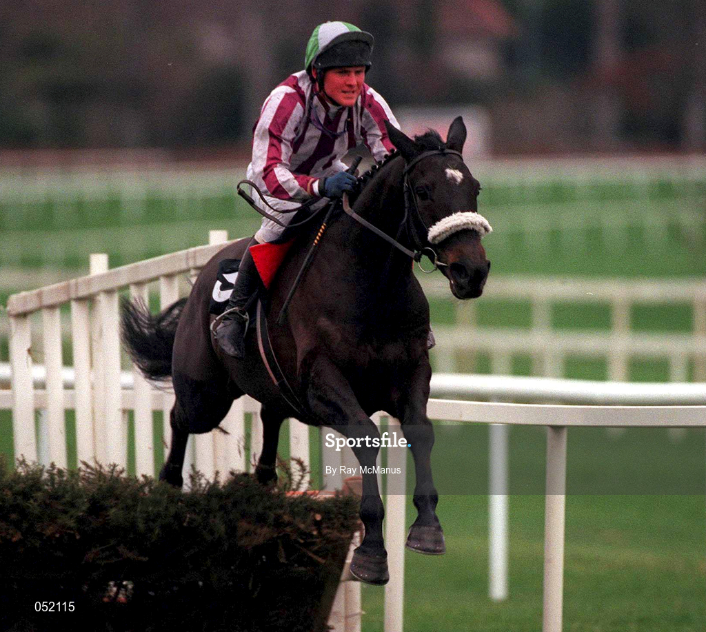 26 December 2000; Cadou, Royal with John Moore up, jumps the last on their to finishing third in the Kerry Spring Maiden Hurdle on Day One of the Leopardstown Christmas Festival at Leopardstown Racecourse in Dublin. Photo by Ray McManus/Sportsfile