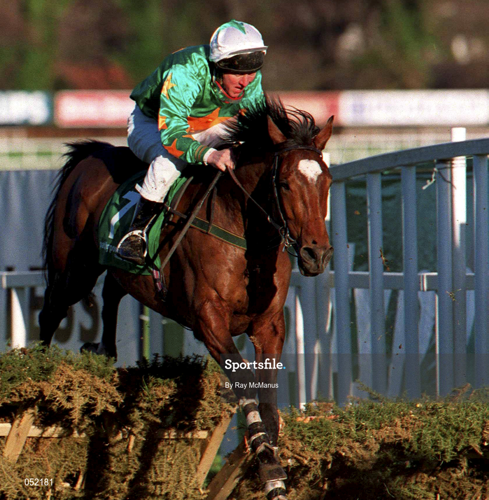 27 December 2000; Circus Dance, with Martin O'Connor up, jumps the last during the paddypower.com Festival 3-Y-O Hurdle on Day Two of the Leopardstown Christmas Festival at Leopardstown Racecourse in Dublin. Photo by Ray McManus/Sportsfile