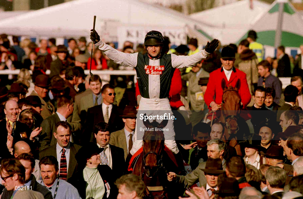 19 March 1998; Anthony Thornton on Cool Dawn celebrates after winning the Tote Cheltenham Gold Cup Steeplechase on Day Three of the Cheltenham Racing Festival at Prestbury Park in Cheltenham, England. Photo by  Matt Browne/Sportsfile