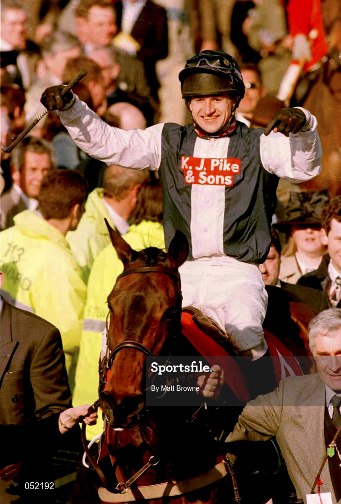 19 March 1998; Anthony Thornton on Cool Dawn celebrates after winning the Tote Cheltenham Gold Cup Steeplechase on Day Three of the Cheltenham Racing Festival at Prestbury Park in Cheltenham, England. Photo by  Matt Browne/Sportsfile