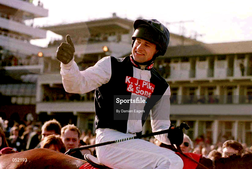 19 March 1998; Anthony Thornton on Cool Dawn celebrates after winning the Tote Cheltenham Gold Cup Steeplechase on Day Three of the Cheltenham Racing Festival at Prestbury Park in Cheltenham, England. Photo by Damien Eagers/Sportsfile