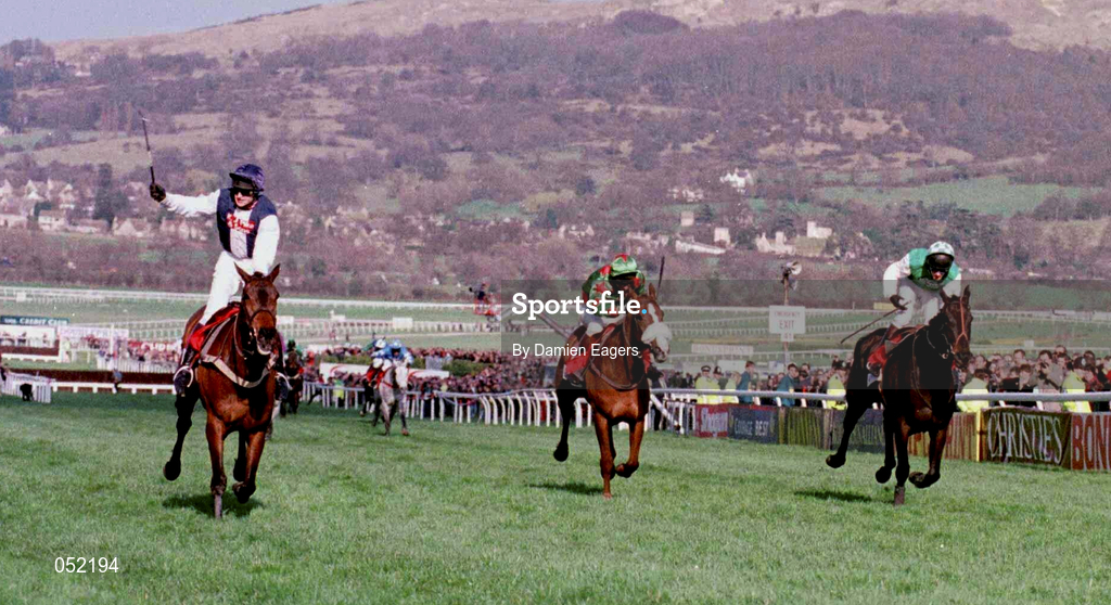 19 March 1998; Anthony Thornton on Cool Dawn celebrates after winning the Tote Cheltenham Gold Cup Steeplechase ahead of second placed Strong Promise, with Norman Williamson up, and third placed Dorans Pride, with Richard Dunwoody up, on Day Three of the Cheltenham Racing Festival at Prestbury Park in Cheltenham, England. Photo by Damien Eagers/Sportsfile