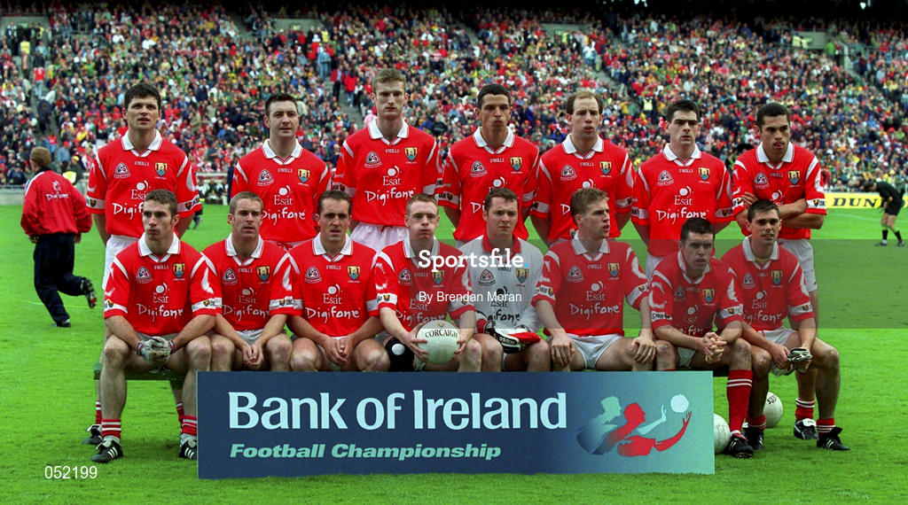 26 September 1999; The Cork team prior to the GAA Football All-Ireland Senior Championship Final match between Meath and Cork at Croke Park in Dublin. Photo by Brendan Moran/Sportsfile