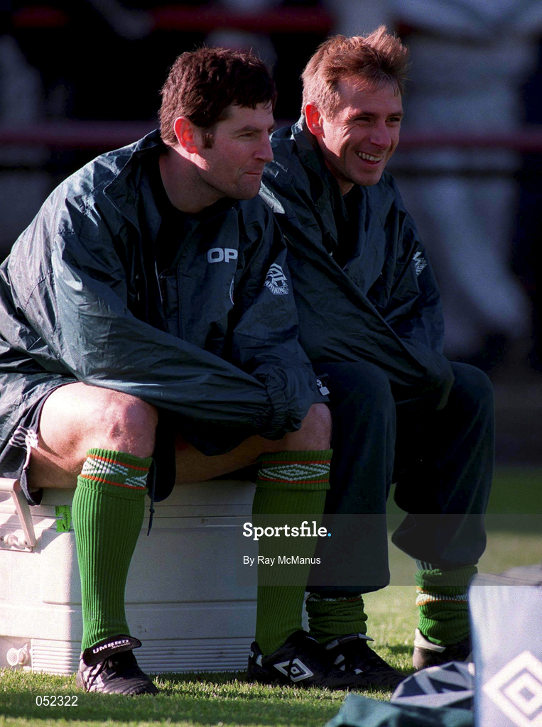 9 November 1996; Denis Irwin and David Kelly take a rest  during a Republic of Ireland training session at Lansdowne Road in Dublin. Photo by Ray McManus/Sportsfile