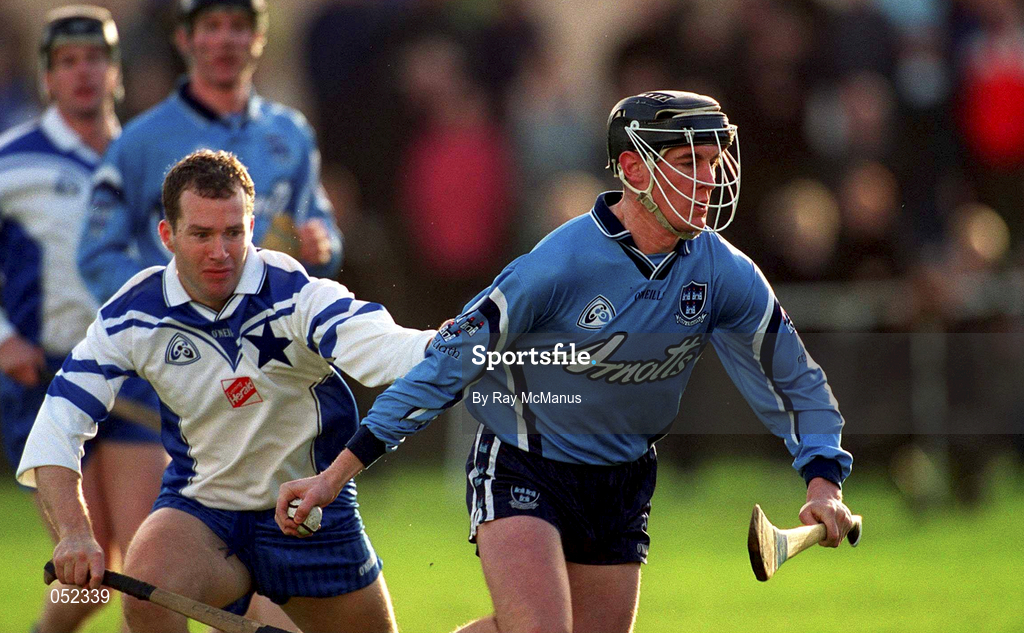 1 January 2001; Dermot Daly of Dublin in action against Conor O'Dwyer of Blue Stars during the Hurling Challenge match between Blue Stars and Dublin at Páirc de Burca in Dublin. Photo by Ray McManus/Sportsfile