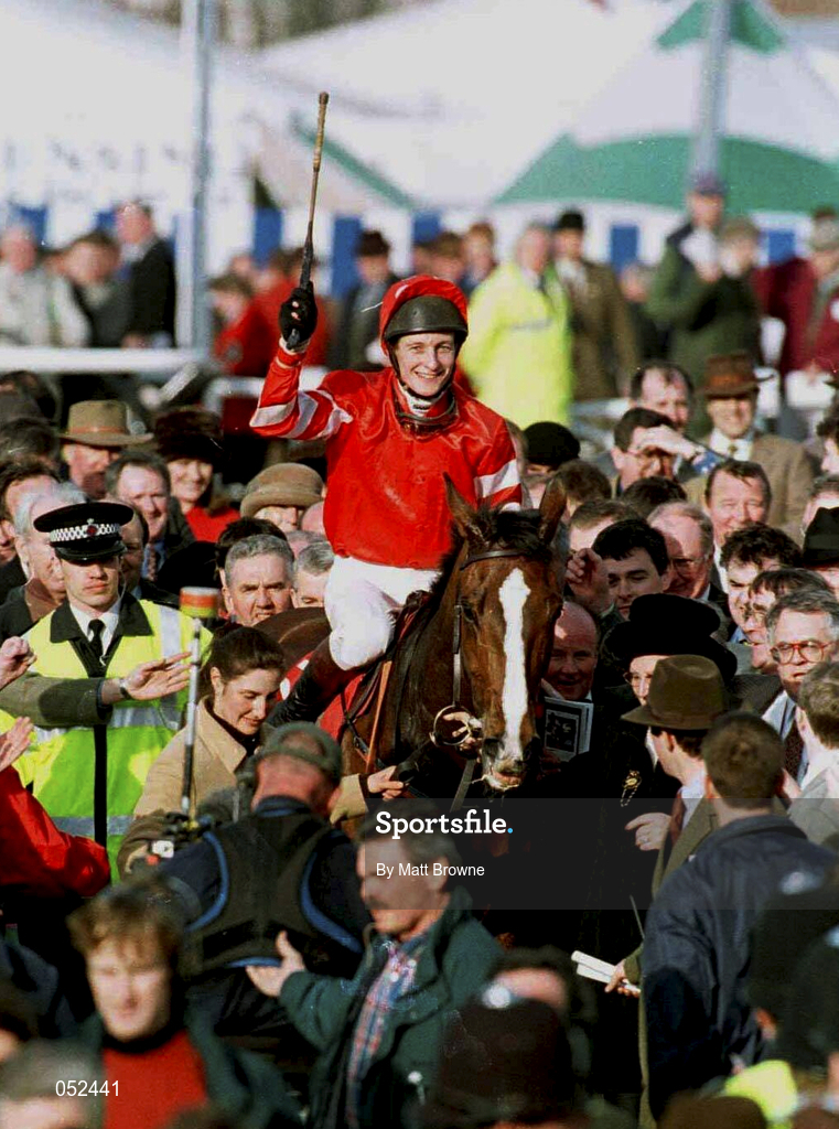 18 March 1998; Richard Dunwoody celebrates on Florida Pearl after winning The Royal Sun Alliance Steeple Chase on day two of the Cheltenham Racing Festival at Prestbury Park in Cheltenham, England. Photo by Matt Browne/Sportsfile