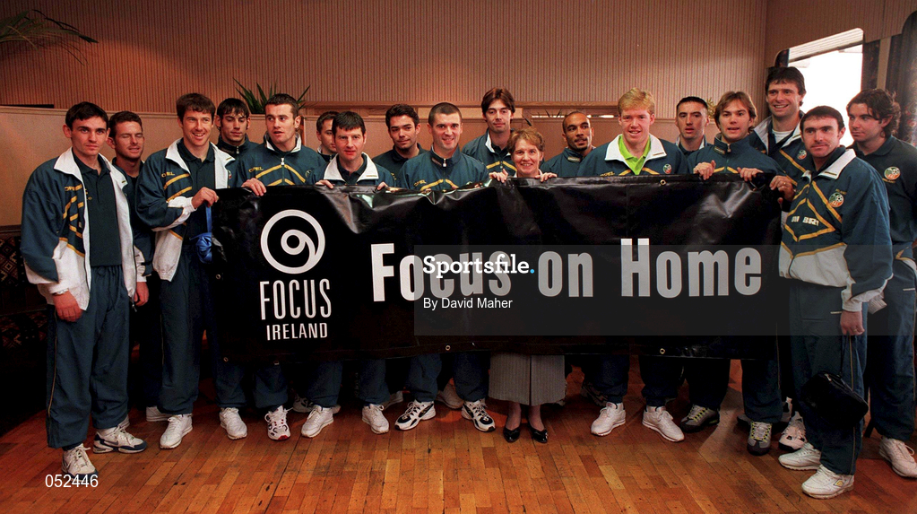 16 November 1998; President of Focus Ireland Sr Stanislaus Kennedy pictured with members of the Republic of Ireland team to launch "Focus on Home" week 1998 prior to a Republic of Ireland Training Session at Red Star Belgrade in Belgrade, Yugoslavia. Photo by David Maher/Sportsfile