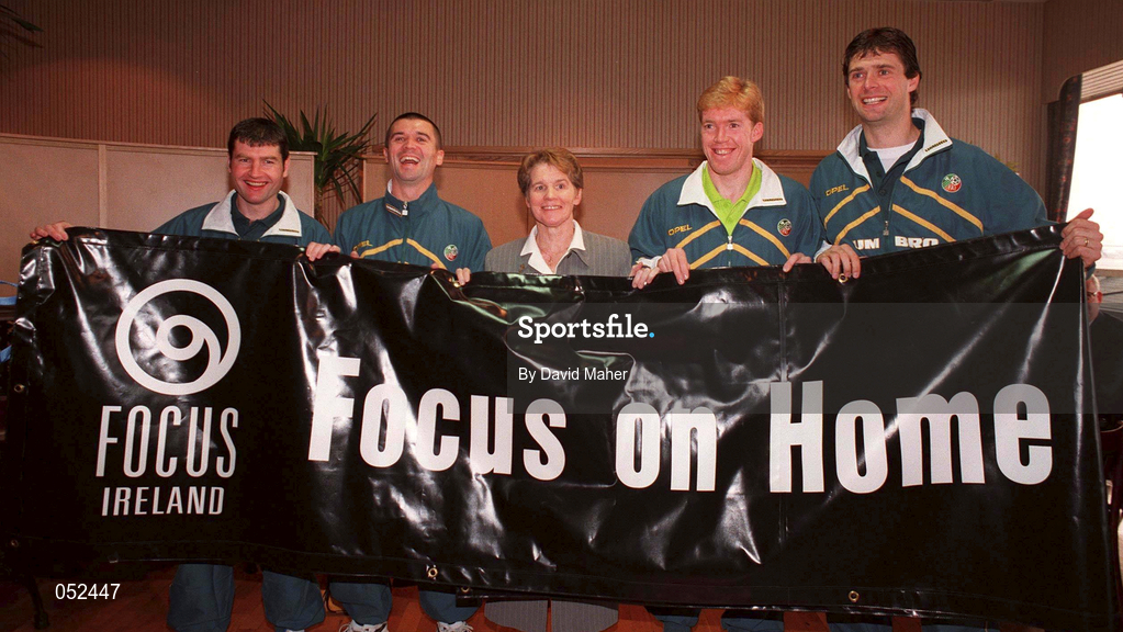16 November 1998; President of Focus Ireland Sr Stanislaus Kennedy pictured with members of the Republic of Ireland team, from left,  Denis Irwin, Roy Keane, Steve Staunton and Niall Quinn to launch "Focus on Home" week 1998 prior to a Republic of Ireland Training Session at Red Star Belgrade in Belgrade, Yugoslavia. Photo by David Maher/Sportsfile