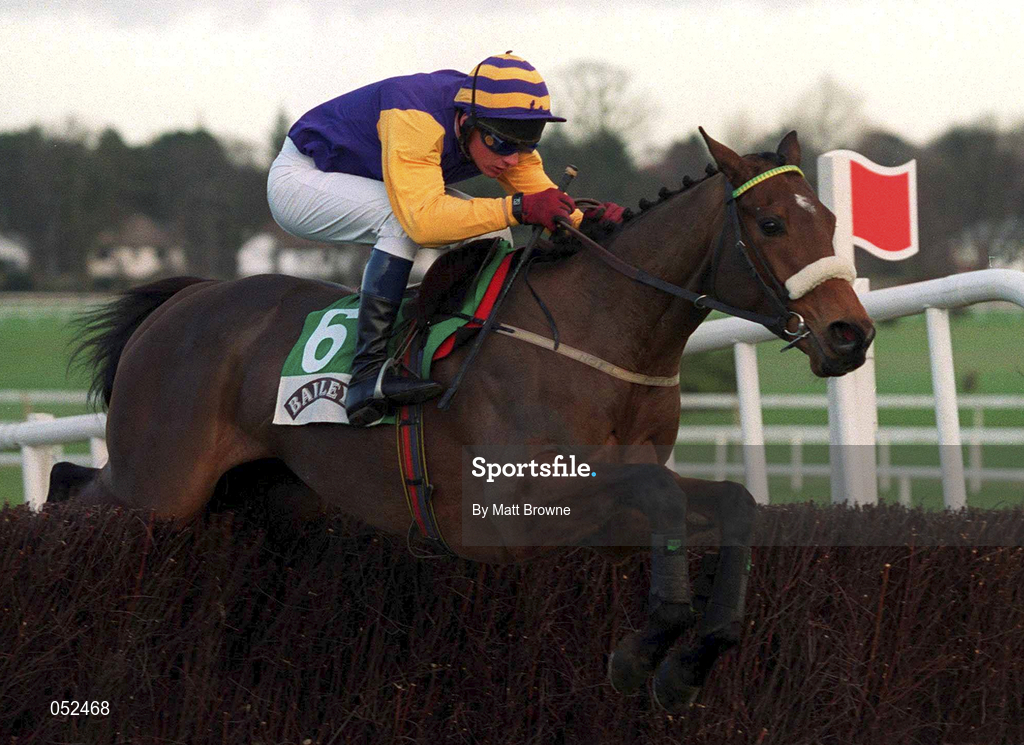 23 January 2000; Frozen Groom, with Paul Carberry up, jumps the last on their way to winning the Baileys Arkle Perpetual Challenge Cup at Leopardstown Racecourse in Dublin. Photo by Matt Browne/Sportsfile