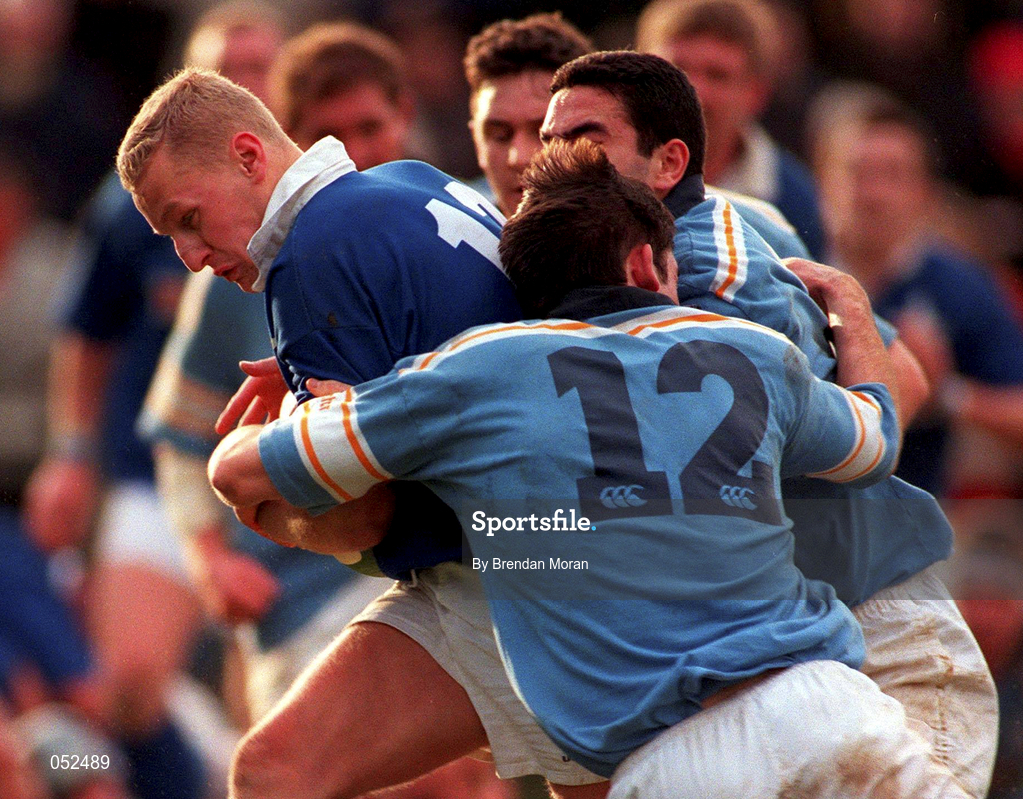 21 January 2000; Gareth Gannon of St Mary's in action against Melvin McNamara and Jeremy Staunton of Garryowen during the AIB All-Ireland League Division 1 match between Garryowen and St Mary's at Dooradoyle in Limerick. Photo by Brendan Moran/Sportsfile
