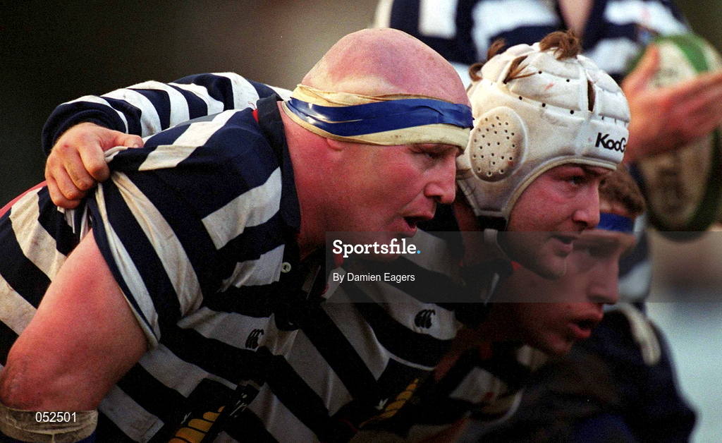 22 January 2000; Blackrock players, from left, Gary Halpin, Shane Byrne and Ian McLoughlin prepare to scrum during the AIB All-Ireland League Division 2 match between Blackrock College and Belfast Harlequins at Stradbrook in Dublin. Photo by Damien Eagers/Sportsfile