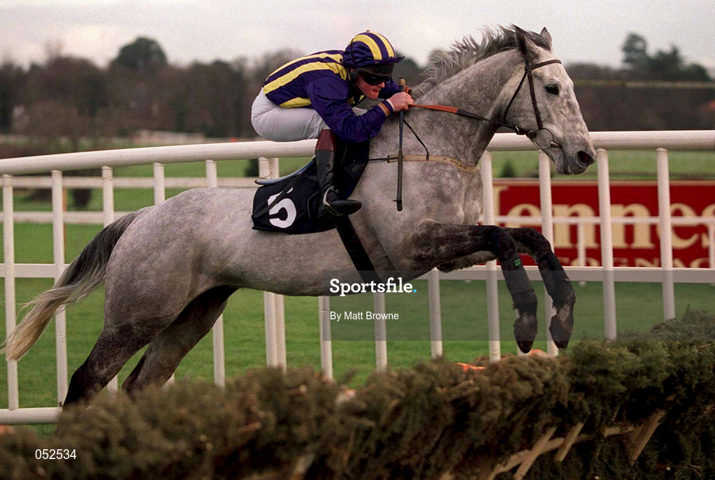 23 January 2000; Gentle Mossy, with Joey Elliott up, jumps the last on their way to finishing fourth in the Ashford Handicap Hurdle at Leopardstown Racecourse in Dublin. Photo by Matt Browne/Sportsfile