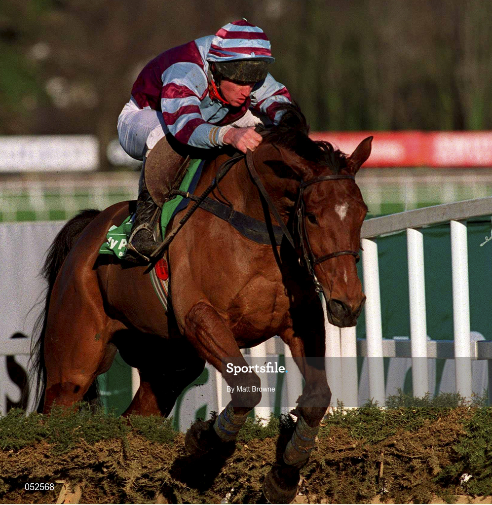 27 December 2000; Hat or Halo, with Kieran Kelly up, jumps the last during the Paddy Power Online Handicap Hurdle on Day Two of the Leopardstown Christmas Festival at Leopardstown Racecourse in Dublin. Photo by Matt Browne/Sportsfile
