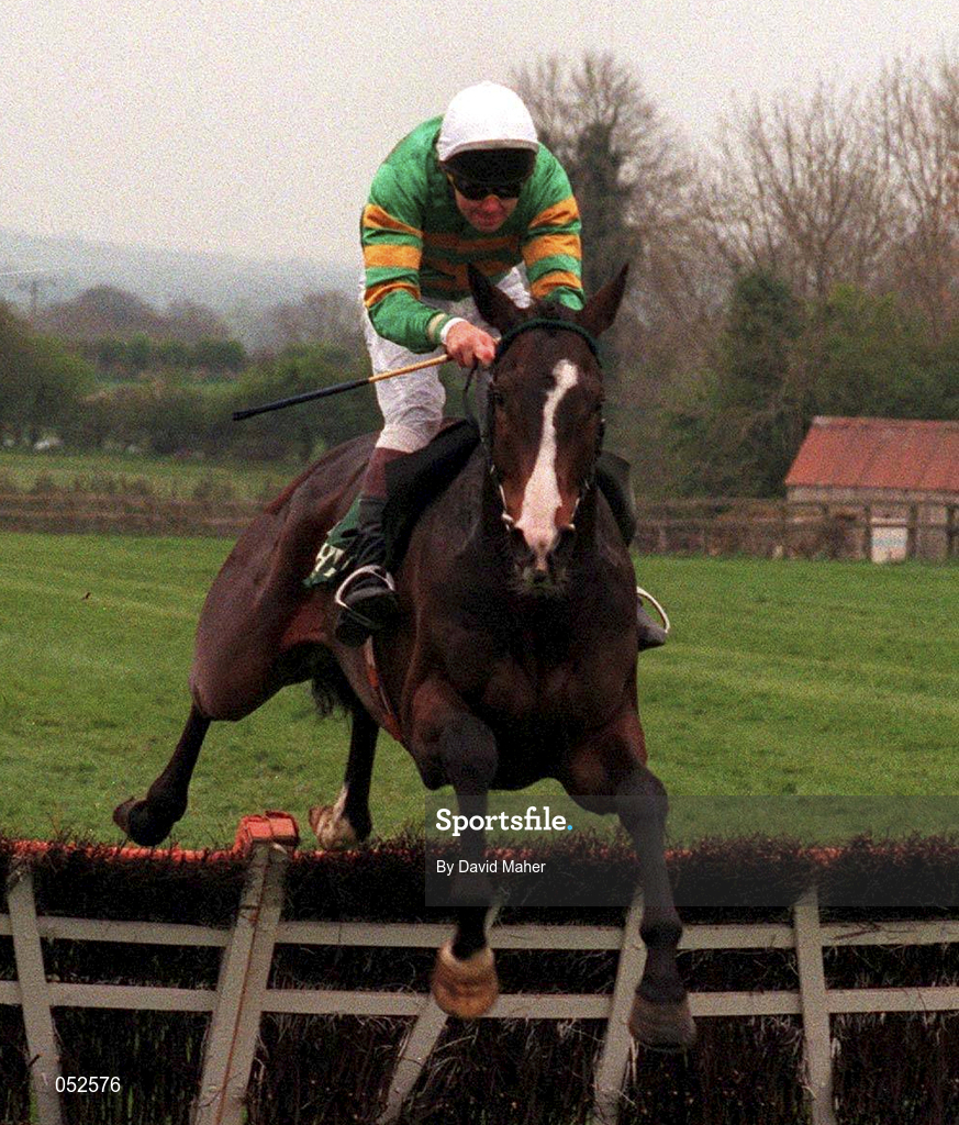 24 April 1997; Grimes, with Conor O'Dwyer up, jumps the last on their way to winning the Murphy's Irish Stout Champion Four Year Old Hurdle at Punchestown Racecourse in Kildare. Photo by David Maher/Sportsfile