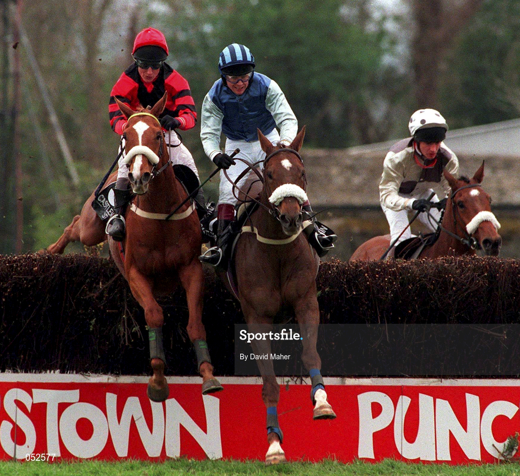24 April 1997; Heist, with Richard Dunwoody up, left, clears the last ahead of Indestructible, with Charlie Swan up, on their way to winning the Castlemartin Stud Pat Taaffe Handicap Steeplechase at Punchestown Racecourse in Kildare. Photo by David Maher/Sportsfile