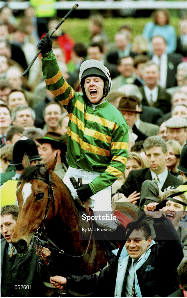 17 March 1998; Charlie Swan on Istabraq celebrates winning the Smurfit Champion Hurdle on St Patrick's Day of the Cheltenham Racing Festival at Prestbury Park in Cheltenham, England. Photo by Matt Browne/Sportsfile