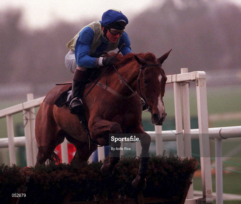 31 December 2000; Rua Lass, with AK Wyse up, jumps the last on their way to finishing third in the O'Dwyers Stillorgan Orchard Novice Hurdle on day three of the Leopardstown Christmas Festival at Leopardstown Racecourse in Dublin. Photo by Aoife Rice/Sportsfile