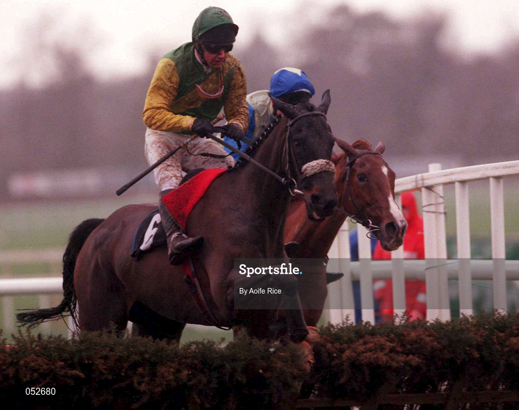 31 December 2000; Glens Music, with Tom Treacy up, jumps the last on their way to finishing second in the O'Dwyers Stillorgan Orchard Novice Hurdle on day three of the Leopardstown Christmas Festival at Leopardstown Racecourse in Dublin. Photo by Aoife Rice/Sportsfile