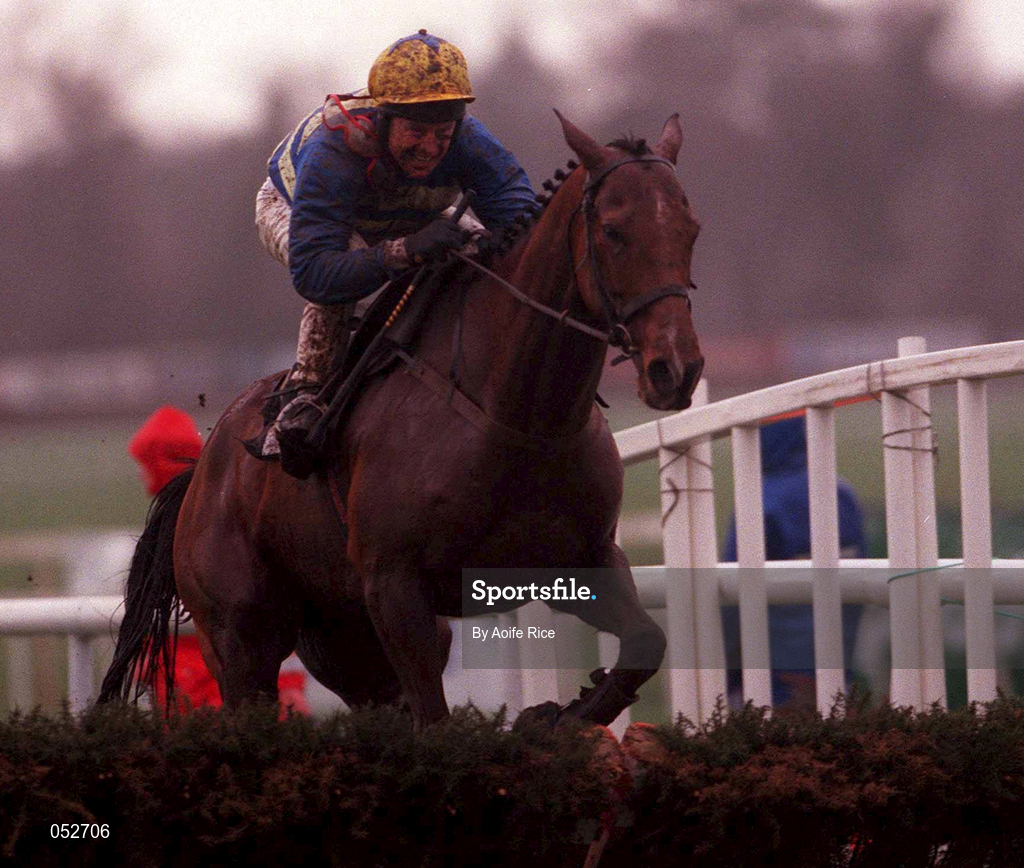 31 December 2000; Ardentium, with Charlie Swan up, jumps the last on their way to finishing fifth in the O'Dwyers Stillorgan Orchard Novice Hurdle on day three of the Leopardstown Christmas Festival at Leopardstown Racecourse in Dublin. Photo by Aoife Rice/Sportsfile
