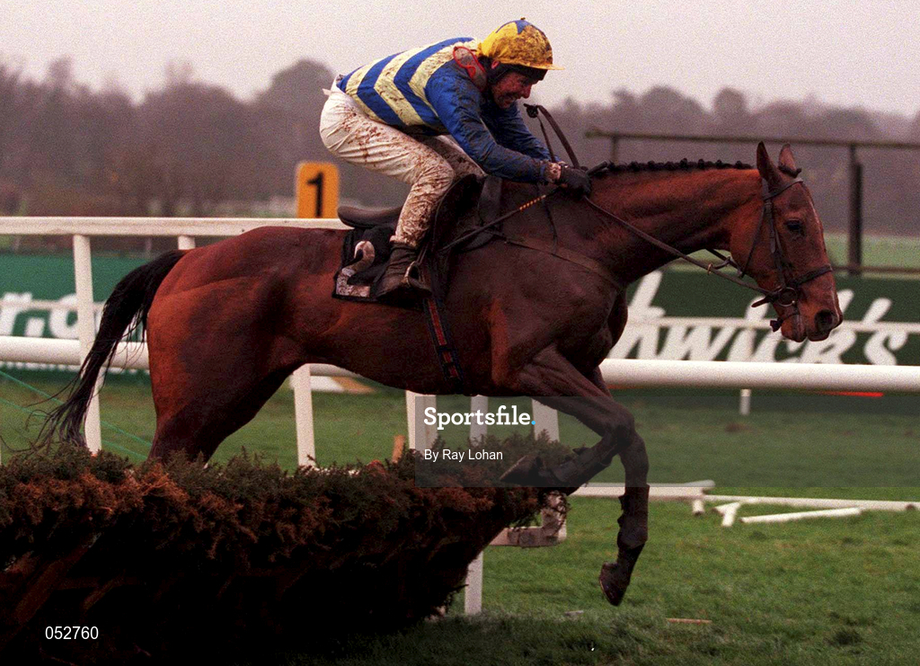 31 December 2000; Ardentium, with Charlie Swan up, jumps the last on their way to finishing fifth in the O'Dwyers Stillorgan Orchard Novice Hurdle on day three of the Leopardstown Christmas Festival at Leopardstown Racecourse in Dublin. Photo by Ray Lohan/Sportsfile