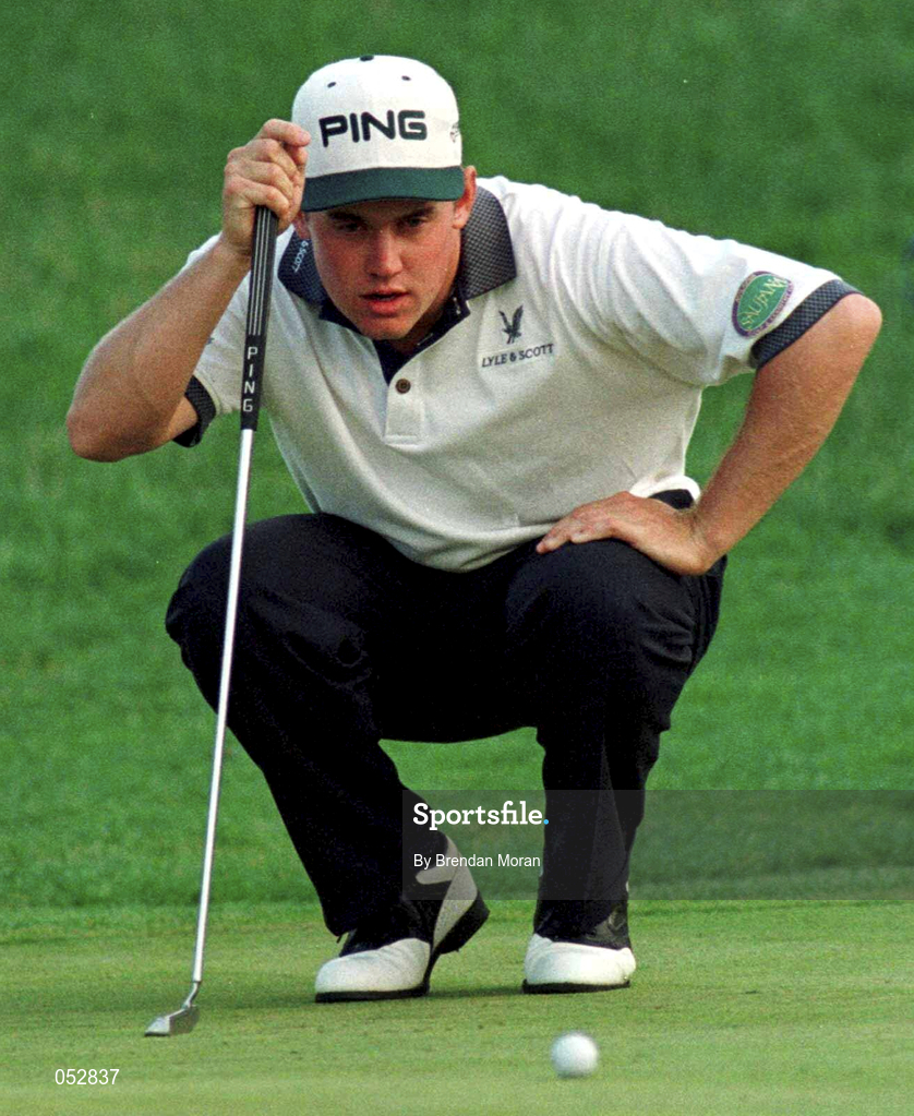 5 July 1997; Lee Westwood of England lines up a putt on the 18th green during the third round of the Murphy's Irish Open Golf Championship at Druid's Glen in Wicklow. Photo by Brendan Moran/Sportsfile