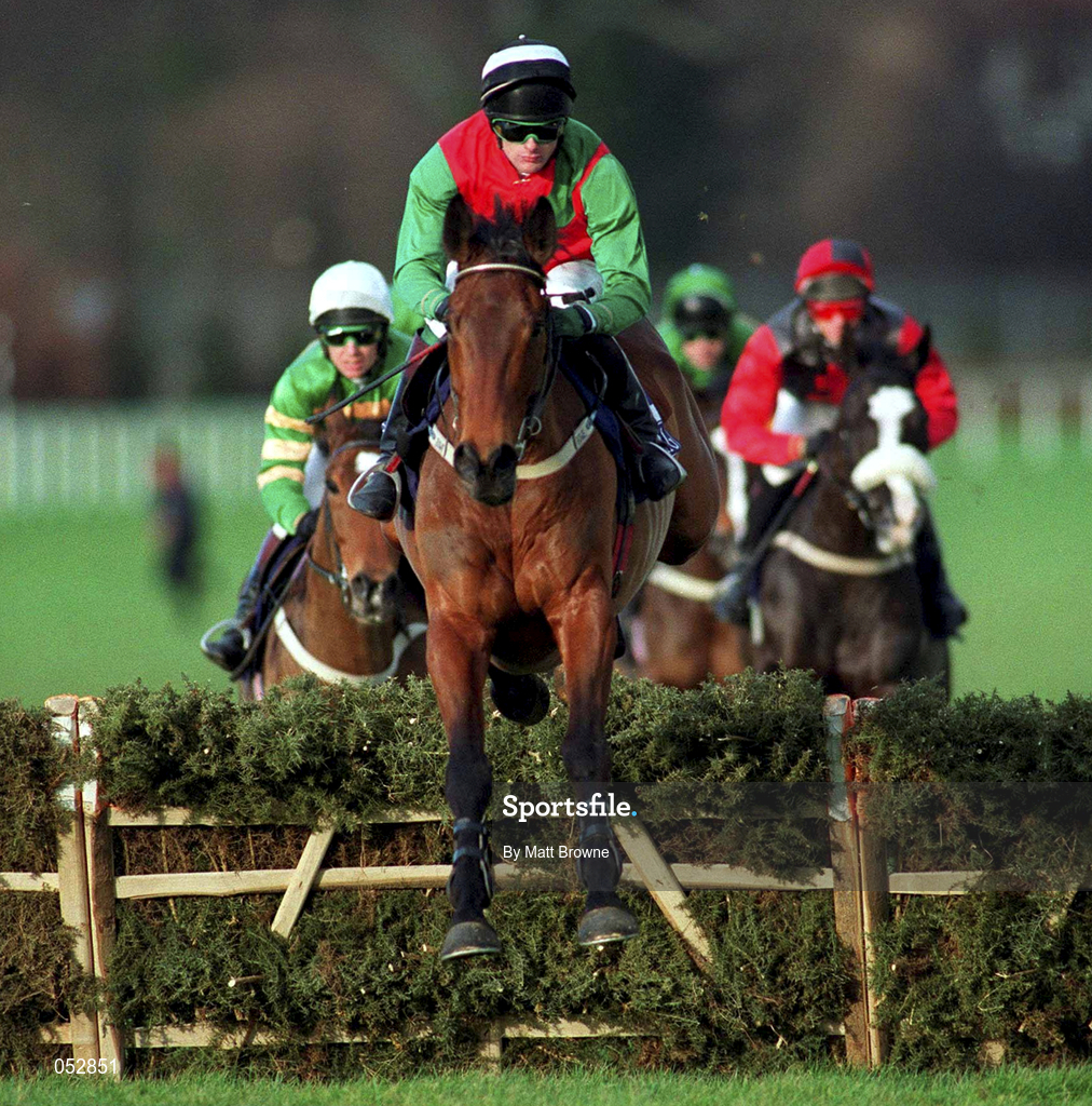 23 January 2000; Limestone Lad, with Shane McGovern up, jumps the last on their way to finishing fourth in the AIG Europe Champion Hurdle at Leopardstown Racecourse in Dublin. Photo by Matt Browne/Sportsfile