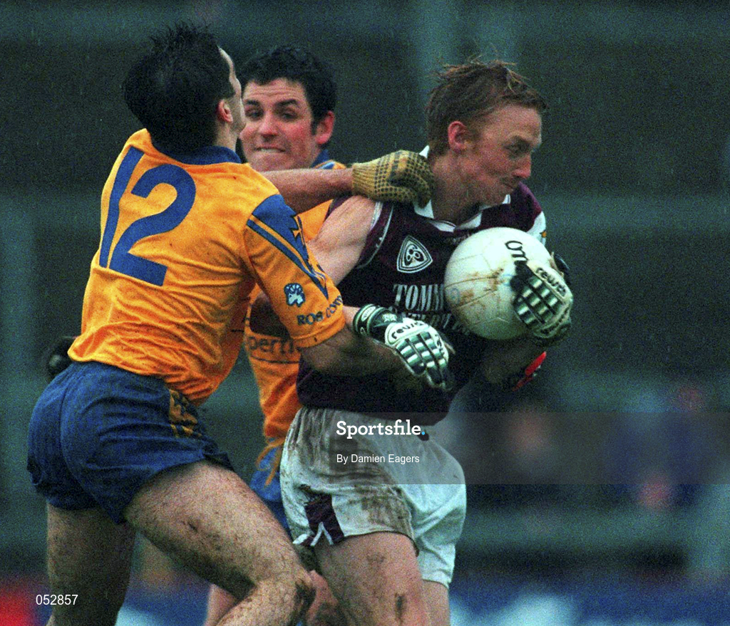 29 October 2000; Lorcan Colleran of Galway in action against John Hanley of Roscommon during the Church & General National Football League Division 1A match between Roscommon and Galway at Dr Hyde Park in Roscommon. Photo by Damien Eagers/Sportsfile