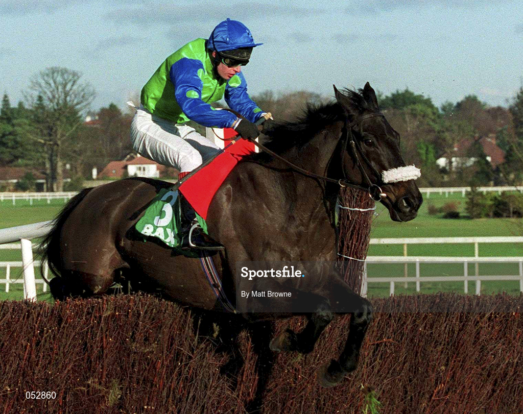23 January 2000; Manhattan Castle, with Tom Treacy up, jumps the last on their way to finishing third in the BAX Global Handicap Steeplechase at Leopardstown Racecourse in Dublin. Photo by Matt Browne/Sportsfile
