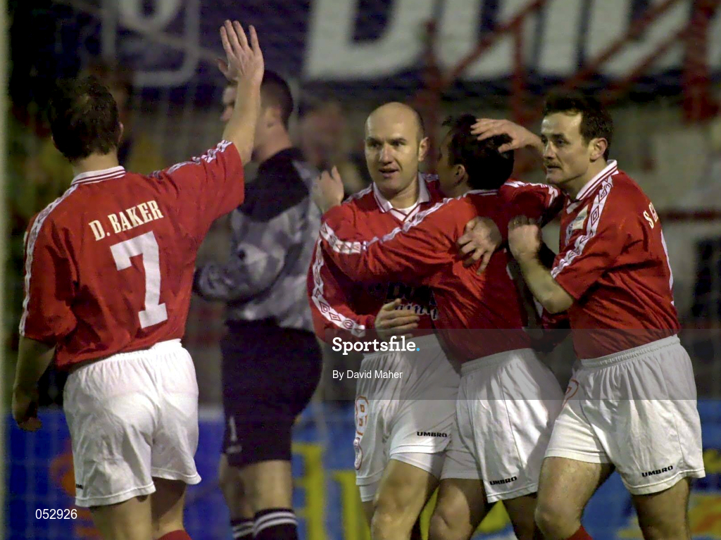 7 January 2001; Paul Doolin of Shelbourne, second left, celebrates after scoring his side's first goal with team-mates Dessie Baker, Pat Fenlon and Stephen Geoghegan during the FAI Harp Lager Cup Second Round match between Shelbourne and Monaghan United at Tolka Park in Dublin. Photo by David Maher/Sportsfile