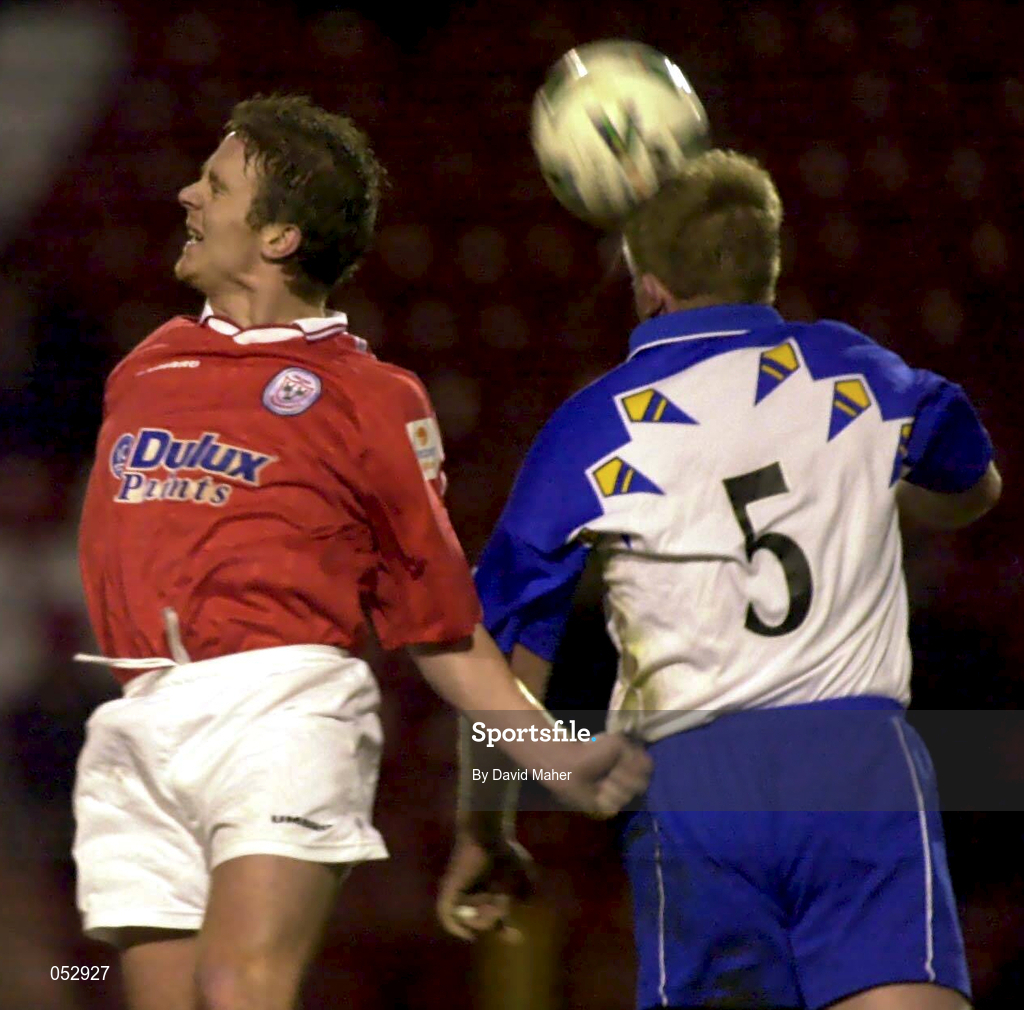 7 January 2001; Dessie Baker of Shelbourne in action against John Carroll of Monaghan United during the FAI Harp Lager Cup Second Round match between Shelbourne and Monaghan United at Tolka Park in Dublin. Photo by David Maher/Sportsfile