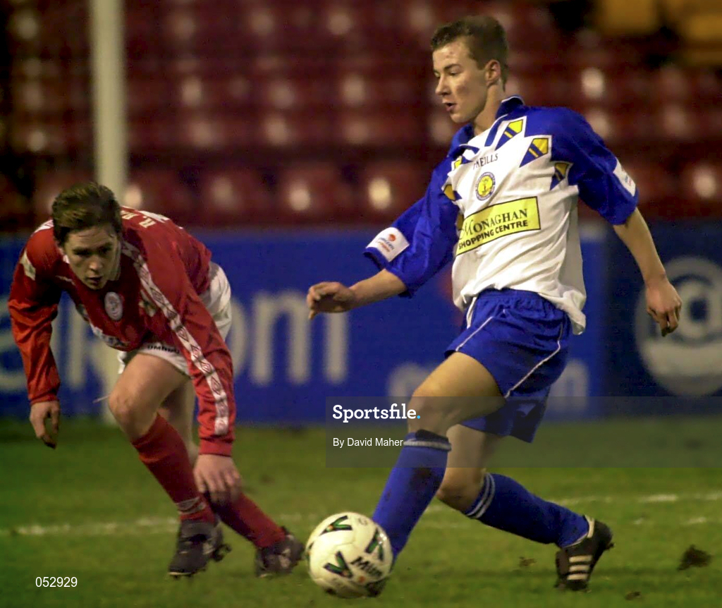 7 January 2001; Paul Smyth of Monaghan United in action against Richie Baker of Shelbourne during the FAI Harp Lager Cup Second Round match between Shelbourne and Monaghan United at Tolka Park in Dublin. Photo by David Maher/Sportsfile