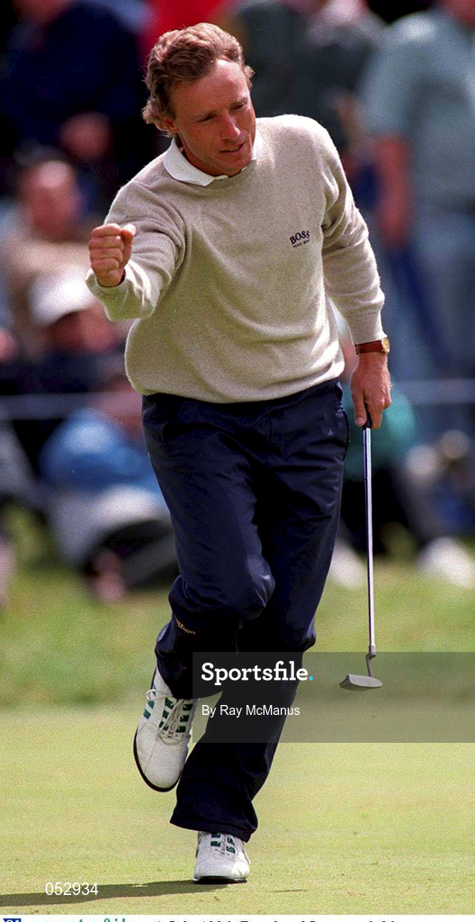 1 July 1996; Bernhard Langer celebrates a birdie during the first round of the Murphy's Irish Open Golf Championship at Druid's Glen in Wicklow. Photo by Ray McManus/Sportsfile