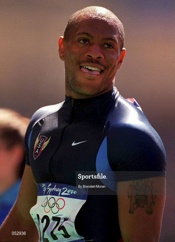 22 September 2000; Maurice Greene of USA after running in the Men's 100m heats on day 8 of the 2000 Sydney Olympic games at Stadium Australia in Sydney. Photo by Brendan Moran/Sportsfile