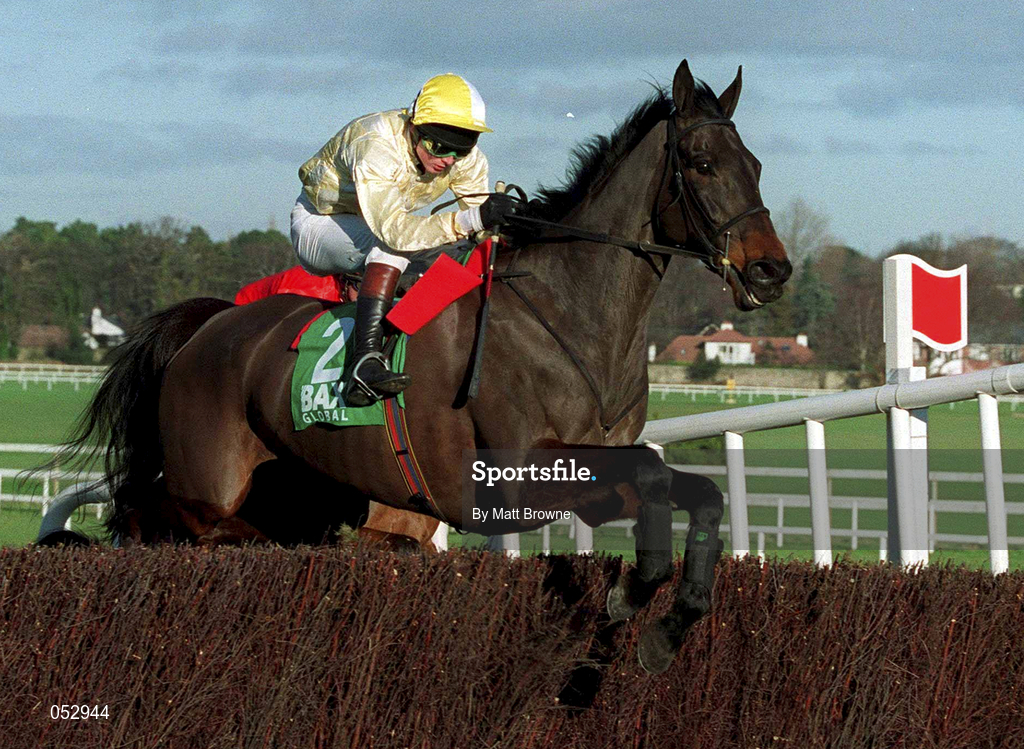 23 January 2000; Merry Gale, with Paul Moloney up, jumps the last on their way to finishing fourth in the BAX Global Handicap Steeplechase at Leopardstown Racecourse in Dublin. Photo by Matt Browne/Sportsfile