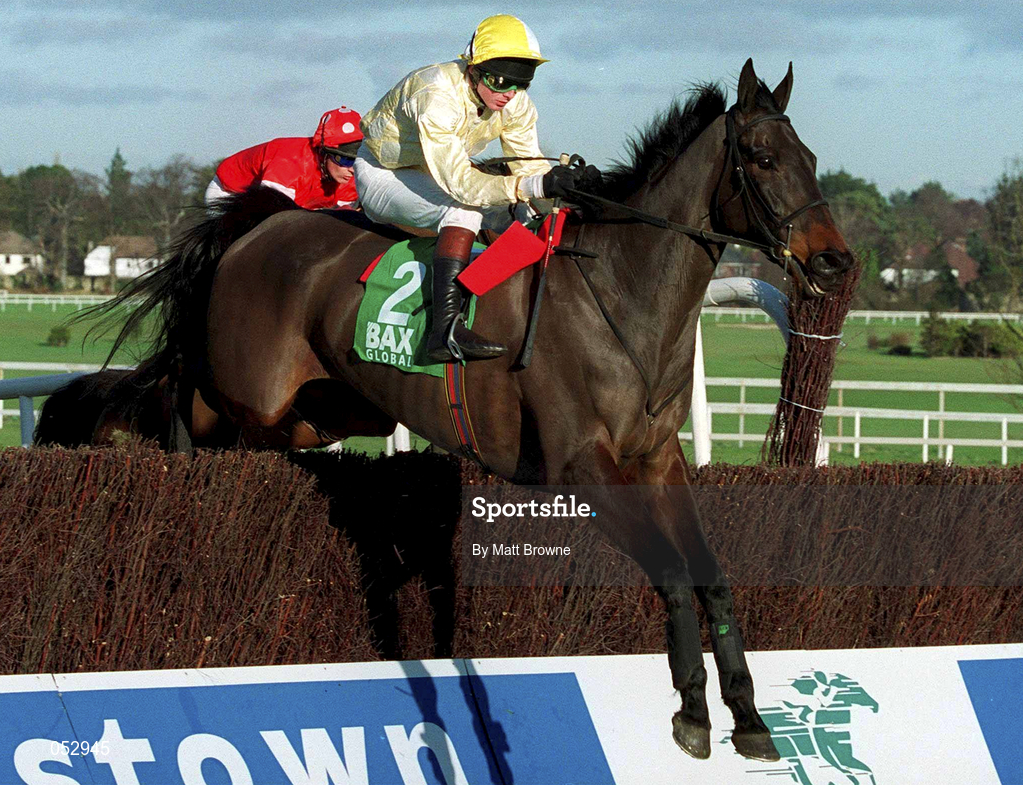 23 January 2000; Merry Gale, with Paul Moloney up, jumps the last on their way to finishing fourth in the BAX Global Handicap Steeplechase at Leopardstown Racecourse in Dublin. Photo by Matt Browne/Sportsfile