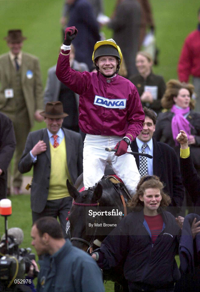 16 March 2000; Mick Fitzgerald on Stormyfairweather celebrates after winning the Cathcart Challenge Cup Chase on Day Three of the Cheltenham Racing Festival at Prestbury Park in Cheltenham, England. Photo by Matt Browne/Sportsfile