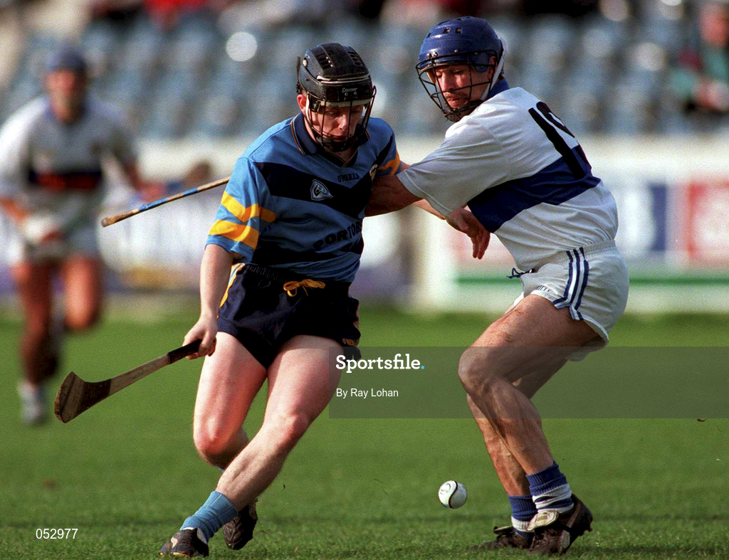 8 October 2000; Mick Gordon of UCD in action against Paddy Brady of St Vincent's during the Dublin Senior Hurling A Championship Final match between UCD and St Vincent's at Parnell Park in Dublin. Photo by Ray Lohan/Sportsfile