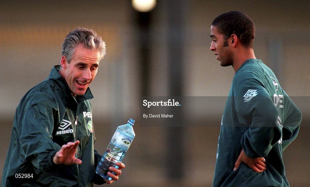 7 November 1996;  Manager Mick McCarthy speaks with Phil Babb during a Republic of Ireland training session at Oriel Park in Dundalk. Photo by David Maher/Sportsfile