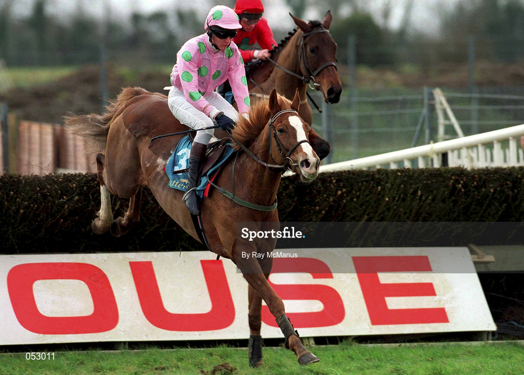16 January 2000; Mill Lane Lady, Barry Geraghty up, jumps the last, first time round, during the European Breeders Fund Tattersalls Ireland Mares Novice Steeplechase at Fairyhouse Racecourse in Meath. Photo by Ray McManus/Sportsfile