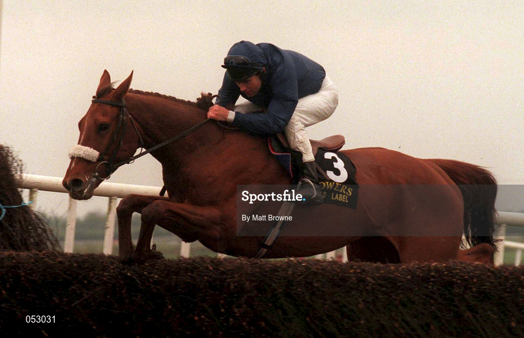 25 April 2000; Native Upmanship, with Conor O'Dwyer up, jumps the last on their way to winning the Powers Gold Cup at Fairyhouse Racecourse in Meath. Photo by Matt Browne/Sportsfile