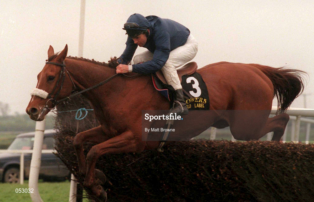 25 April 2000; Native Upmanship, with Conor O'Dwyer up, jumps the last on their way to winning the Powers Gold Cup at Fairyhouse Racecourse in Meath. Photo by Matt Browne/Sportsfile