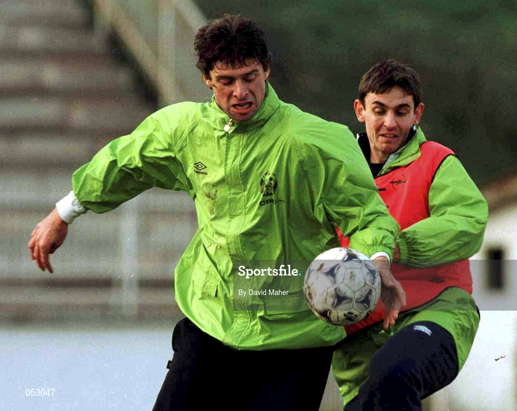 17 November 1998; Niall Quinn in action against Gareth Whalley during a Republic of Ireland training session at the Radnitchi Stadium in Belgrade, Yugoslavia. Photo by David Maher/Sportsfile