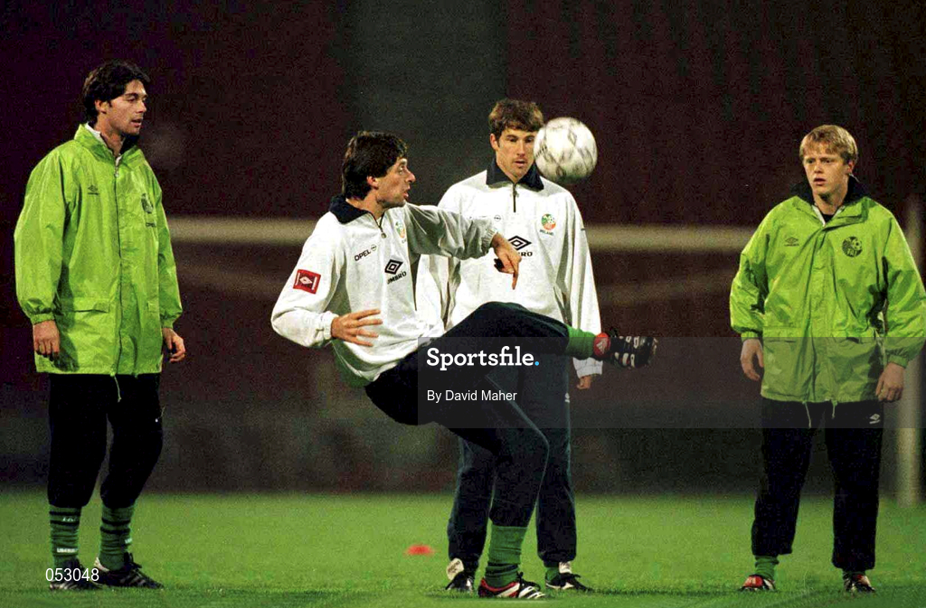 16 November 1998; Niall Quinn, centre, controls the ball as Gary Breen, Kenny Cunningham and Damien Duff look on  during a Republic of Ireland Training Session at Red Star Belgrade in Belgrade, Yugoslavia. Photo by David Maher/Sportsfile