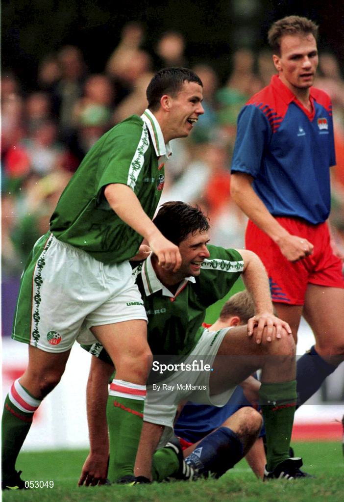31 August 1996; Niall Quinn of Republic of Ireland celebrates with Ian Harte after scoring his side's second goal during the FIFA World Cup 1998 Group 8 Qualifying match between Liechtenstein and Republic of Ireland at Eschen-Mauren Sportpark, Eschen in Liechtenstein. Photo by Ray McManus/Sportsfile