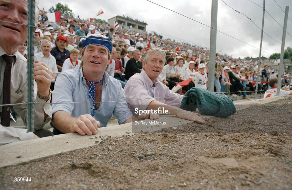 23 July 1995. Supporters watch on during the game. Ulster Senior Football Championship Final, Tyrone v Cavan, St. Tighearnach's Park, Clones, Co. Monaghan. Picture credit: Ray McManus / SPORTSFILE