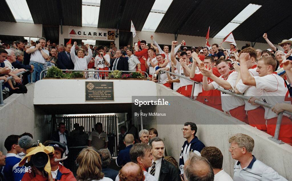 23 July 1995; Tyrone captain Ciaran Corr adresses supporters after his side's 2-13 to 0-7 victory over Cavan. Ulster Senior Football Championship Final, Tyrone v Cavan, St. Tighearnach's Park, Clones, Co. Monaghan. Picture credit: Ray McManus / SPORTSFILE